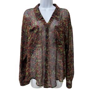 Free People Womens Easy Rider Floral Sheer Button Up Blouse Size M Navy Romantic